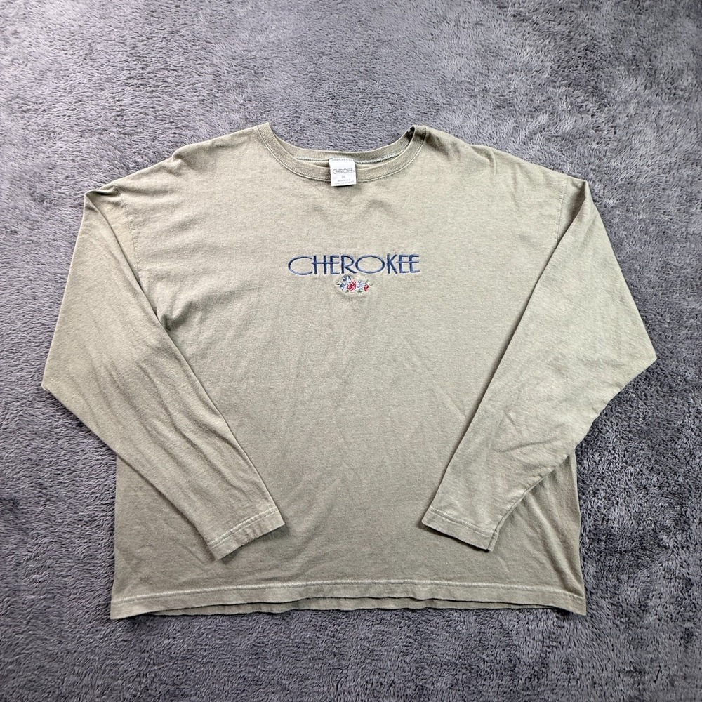 Cherokee XL Womens Long Sleeve Tee Sage Green Floral Embroidered Relaxed USA